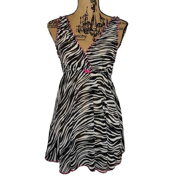Vintage Cabernet Zebra Mini Dress Sheer Ruffle Black White Pink Size Medium Y2k - Picture 1 of 3